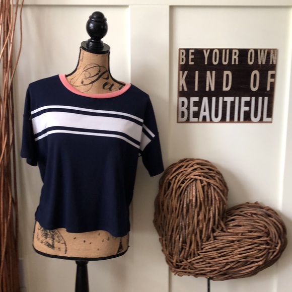 Pink Republic Navy Crop Tee W/Stripe - Picture 1 of 7